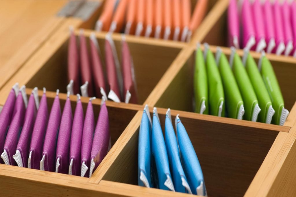 close-up of colorful tea bags