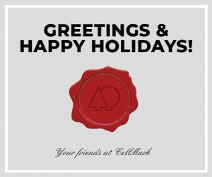 grey holiday card with red cellmark logo