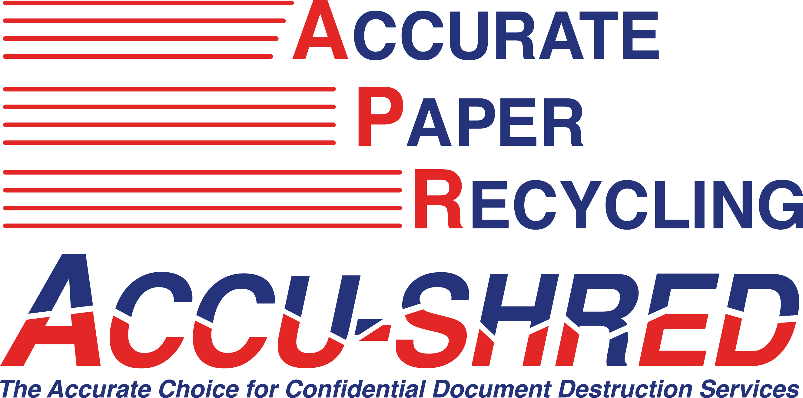 red and blue logo of accurate paper recycling and accushred